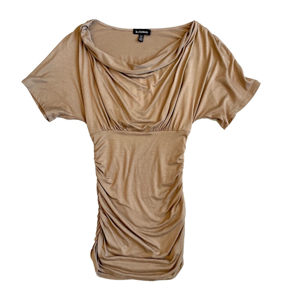 BNWOT Le Chateau Cowl Neck Short Sleeve Tunic in Tan Size XXS